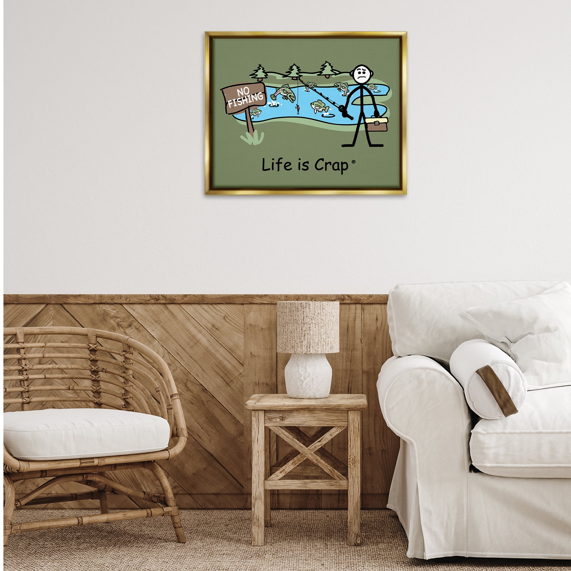 Stupell Industries No Fishing at Pond Novelty & Humor Painting Gold Floater Framed Canvas Art Print Wall Art, 31 x 25
