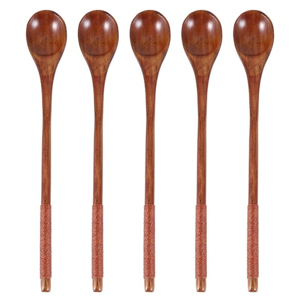 5pcs Cuillères en Bois avec Fil Noué Cuillère de Miel d'Agitation Ronde Longue Poignée Cuillères Vaisselle (Brun, Fil Brun)