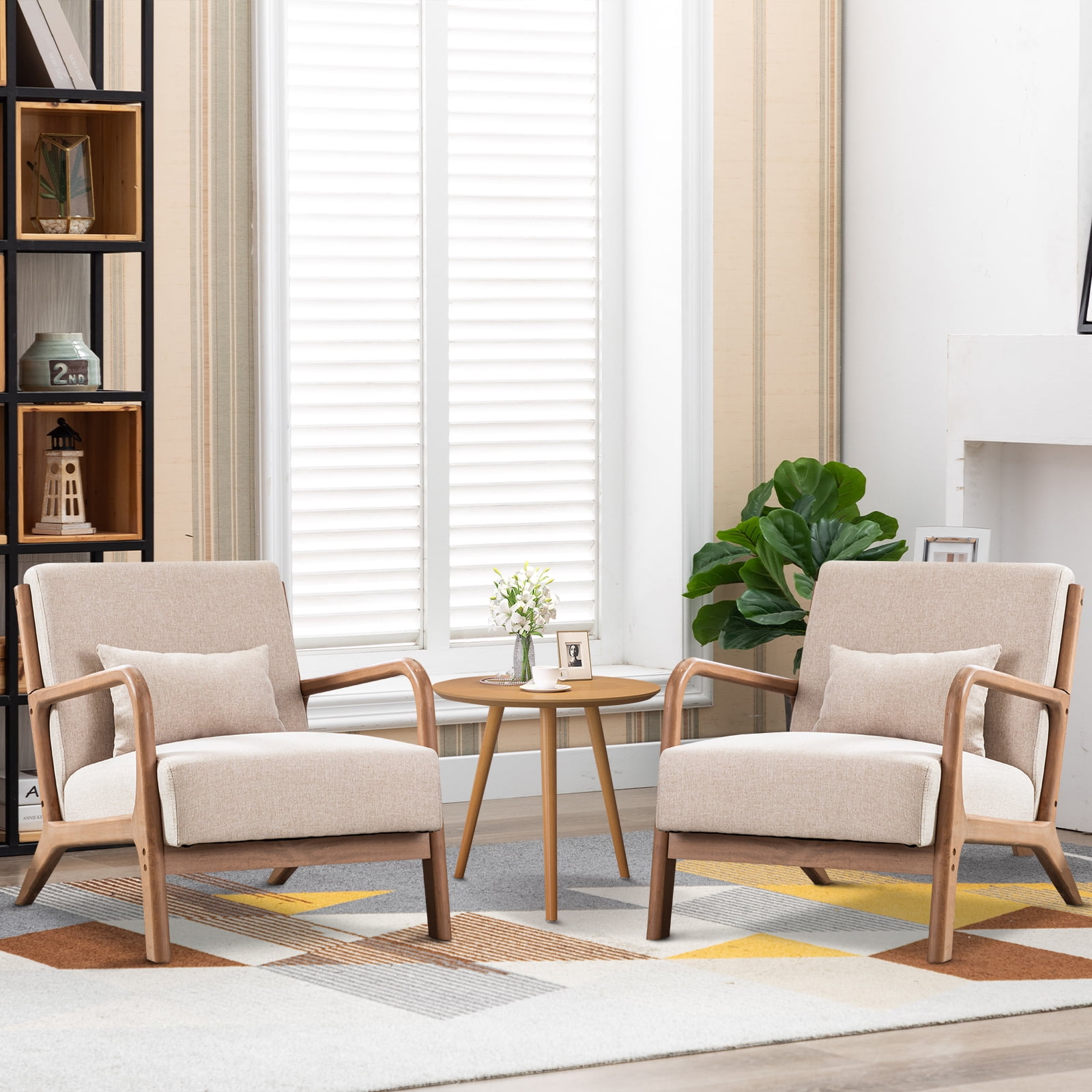 Bonzy Home Solid Wood Armchair, Mid-Century Accent Chair Set of 2 Living Room, Beige
