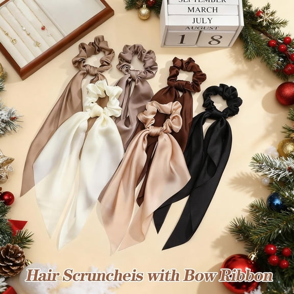 6pcs Silk Scrunchies with Bows, Knotted Bow Hair Ties with Long Ribbon for Women, Hair Scarfs Ponytail Holders Satin Elastic Hair Accessories