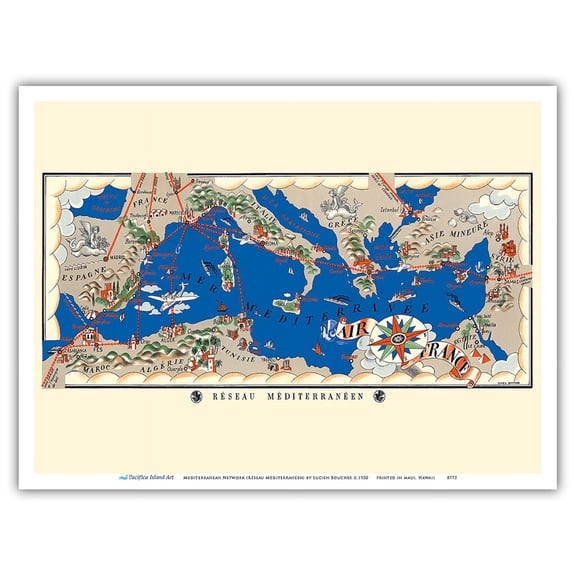 Mediterranean Network (Réseau Méditerranéen) - Route Map - France - Vintage Airline Travel Poster by Lucien Boucher c.1930 - Master Art Print (Unframed) 9in x 12in