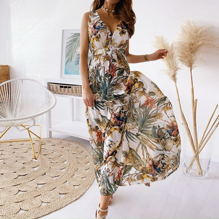 TOWED22 Summer Dresses For Women 2023 Beach,Women's Cute Summer Outfits  Floral Print Vintage Sleeveless Long Maxi Dress Dress Dresses for 2023  White,L