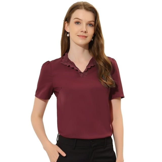 Unique Bargains Blouse Élégante à Manches Courtes Bouffantes Col en V en Dentelle pour Femmes Rouge Prune TP