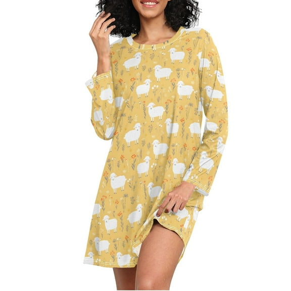 joogoo Cute Sheeps Flowers Women's Long Sleeve Nightgown Sleepwear L