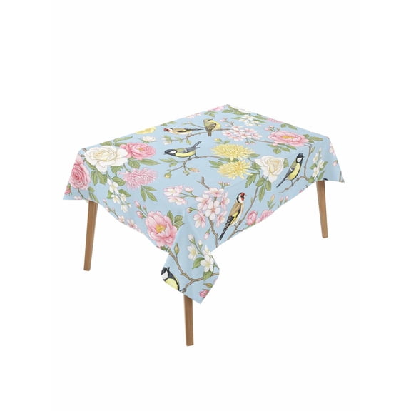 Blue Spring Floral Table Cloth, Waterproof Tablecloth for Rectangle Tables, Elegant Farmhouse Flowers Birds Watercolor Reusable Washable Fabric Table Cover for Restaurant Kitchen Dining 52"x70"