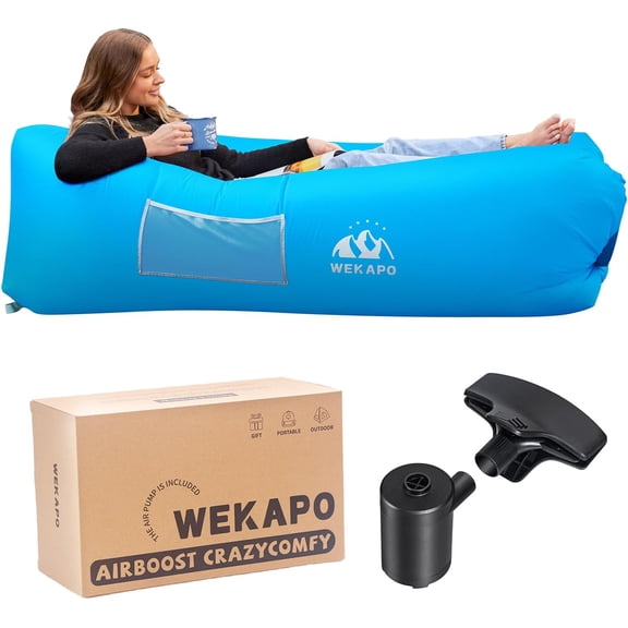 WEKAPO Inflatable Couch with Pump - Easiest Setup, Crazy Comfy & Ultralight - Blow up Lounger Chair Perfect for Hiking, Camping, Beach, Festivals - Lightweight Air Sofa for Relaxing Anywhere (Blue)