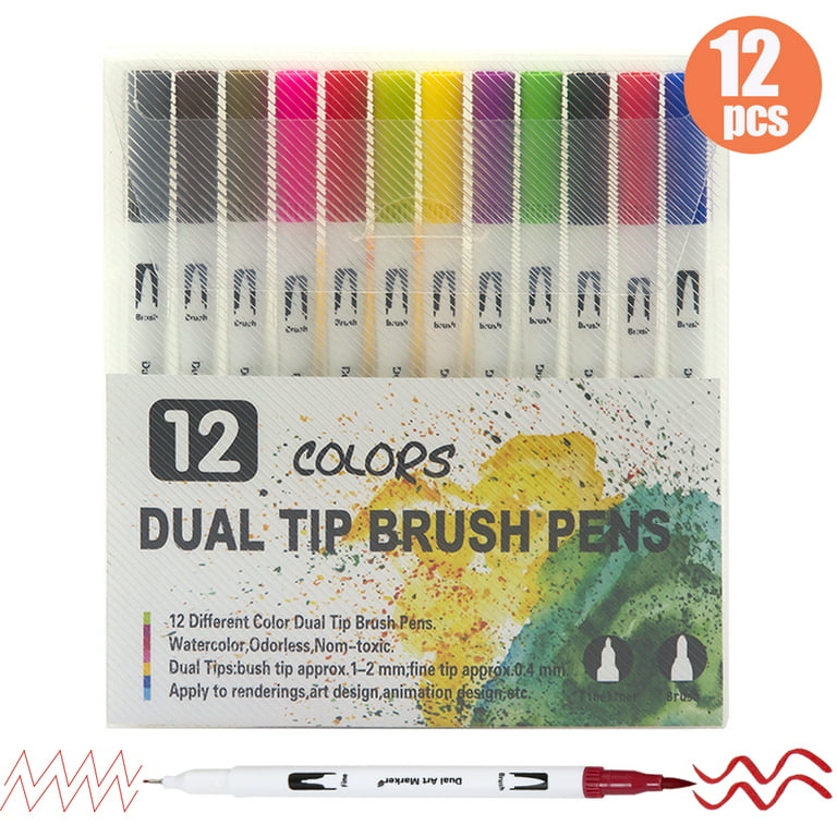 Pack of 12 Dual Tip Brush Art Marker Pens Coloring Markers Fine & Brush Tip  Pen