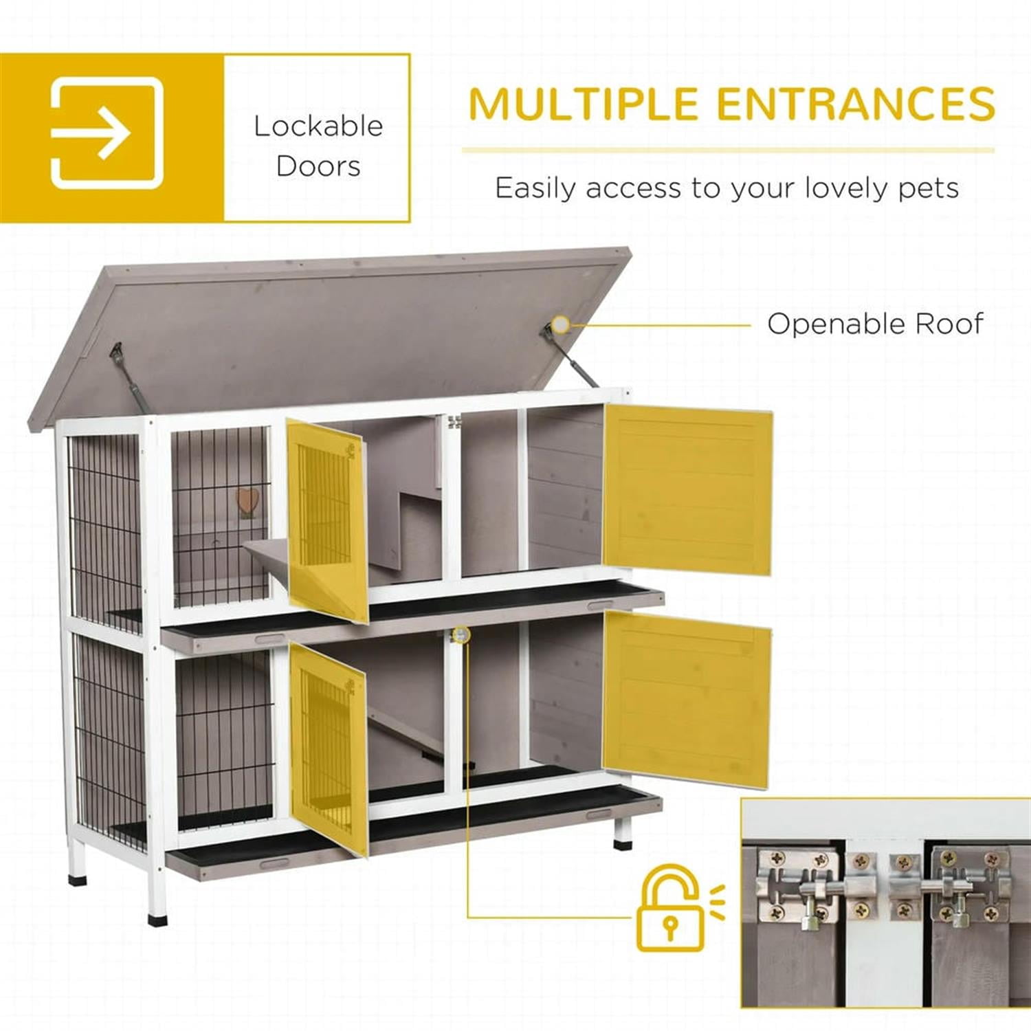 Kadyn 48" 2-Story Wooden Rabbit Hutch with Slide-out Tray, Outdoor Small Animal Habitat Enclosure Bunny Cage for Bunnies, Guinea Pigs, Gray