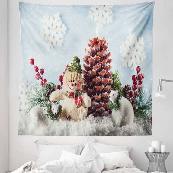 Pinecones Tapestry, Winter Themed Composition of Polar Bears Happy Snowman Flakes, Fabric Wall Hanging Decor for Bedroom Living Room Dorm, 5 Sizes, Baby Blue Dark Rust and Ivory, by Ambesonne
