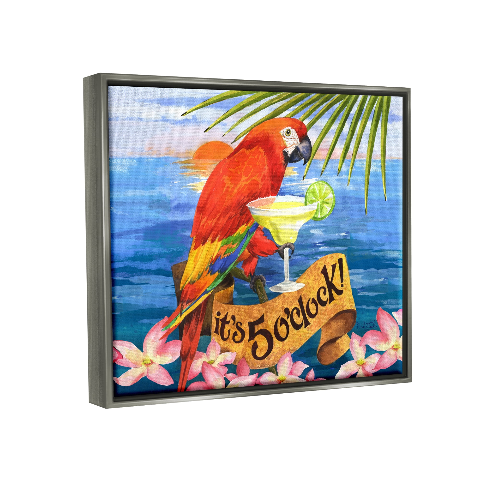 Stupell Industries Tropical Parrot with Cocktail Animals & Insects Painting Gray Floater Framed Art Print Wall Art, 21 x 17
