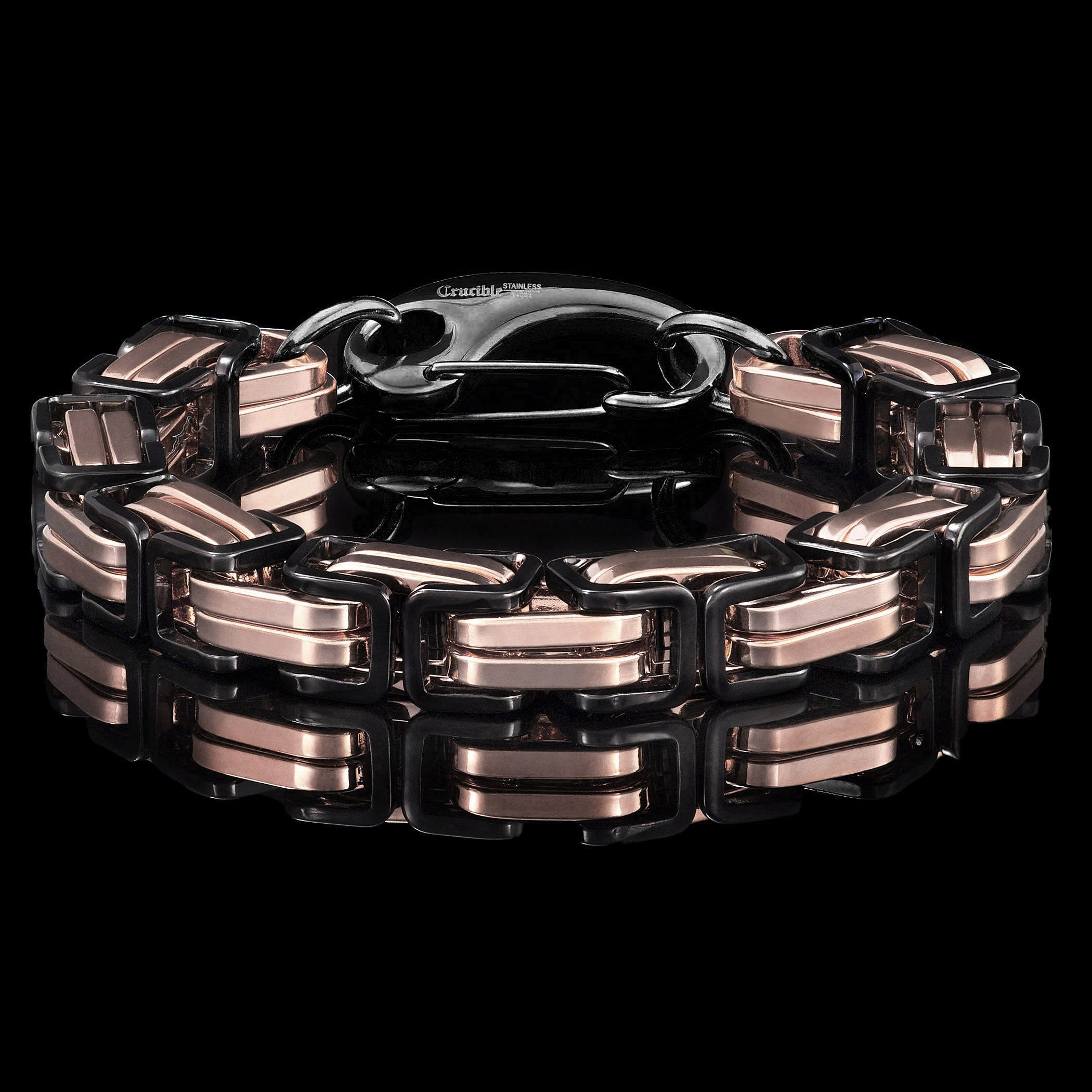 Crucible Jewelry Men's Black and Rose Plated Stainless Steel Byzantine Chain Bracelet (11mm) - 9"