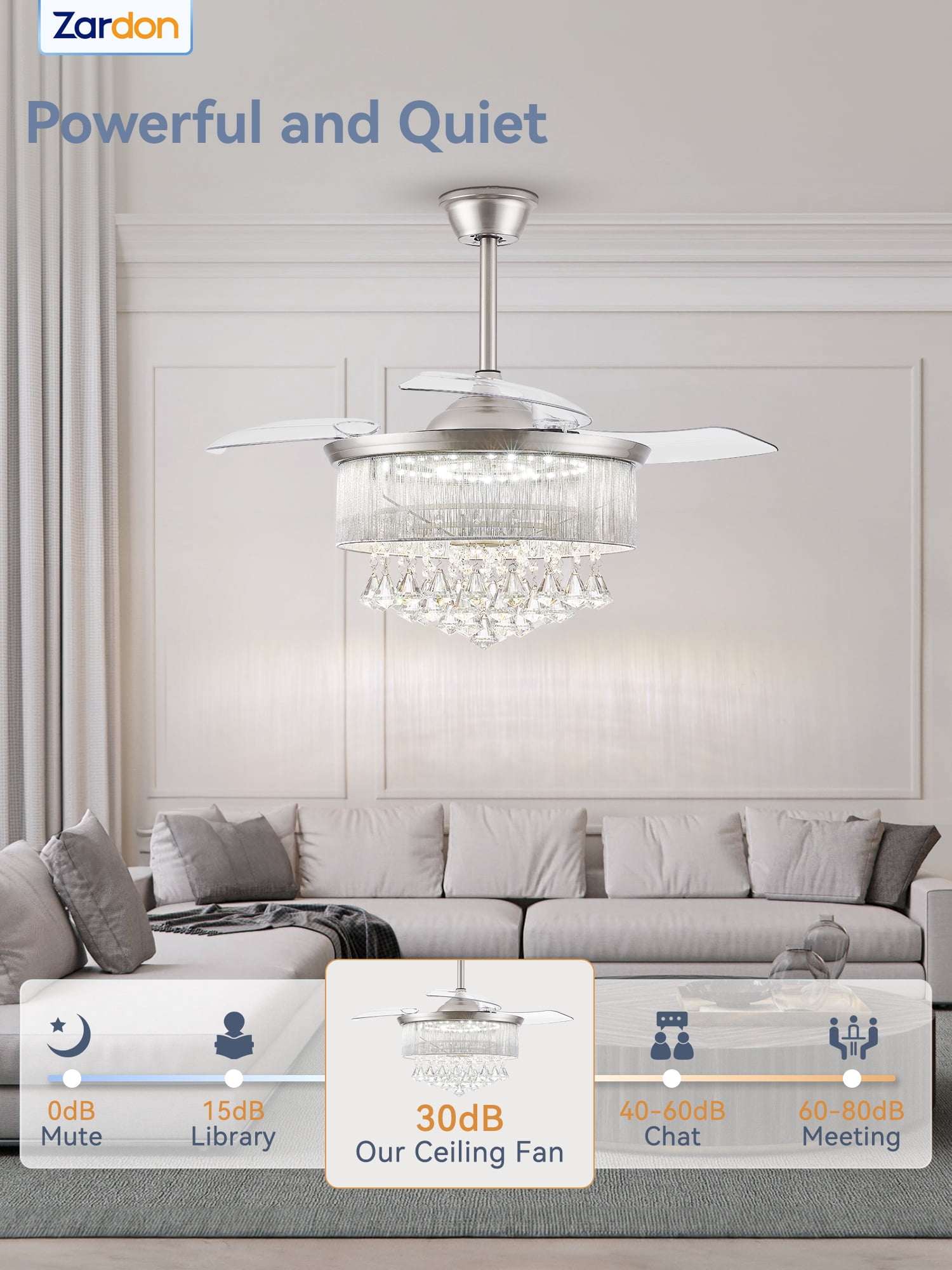 Zardon 42in Ceiling Fans with Light and Remote Control, Crystal Fandeliers with Reversible 6 Speeds, for Indoor, Nickel