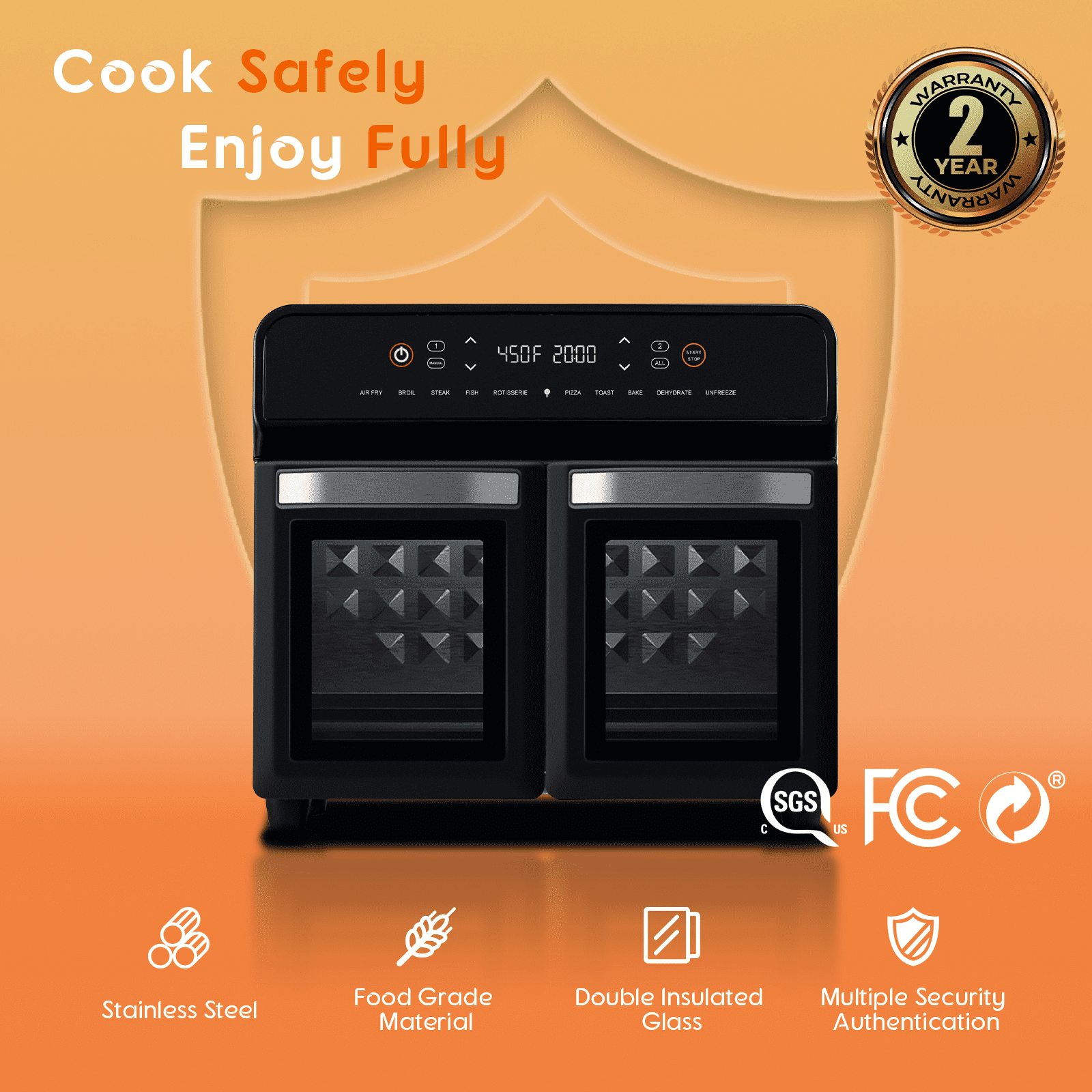 24QT Dual Zone Air Fryer Oven With Rotisserie,10-In-1  Internal Stainless Steel Toaster Oven Air Fryer Combo 1800W For Family Cooking