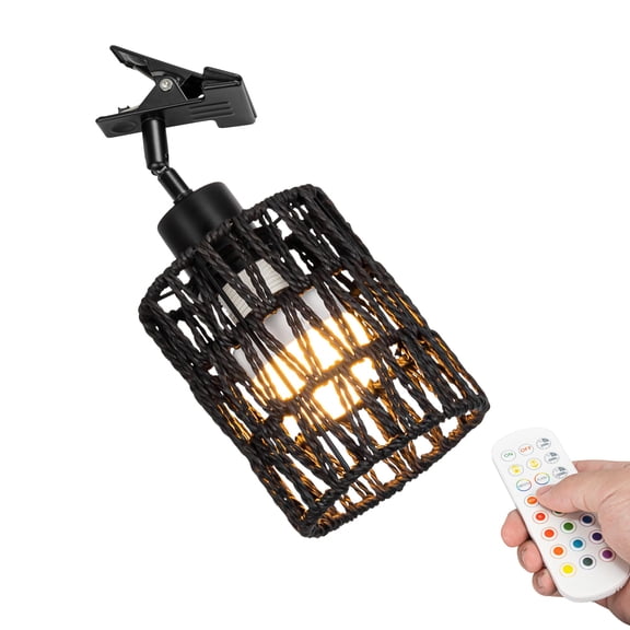 KAYYELAMP Rechargeable LED Wireless Clamp Lamp Black Rattan Columnar Shade Adjusted Angle Remote Clip Light Vintage Design Clip On Bookshelf Splint Billboard Bedsides