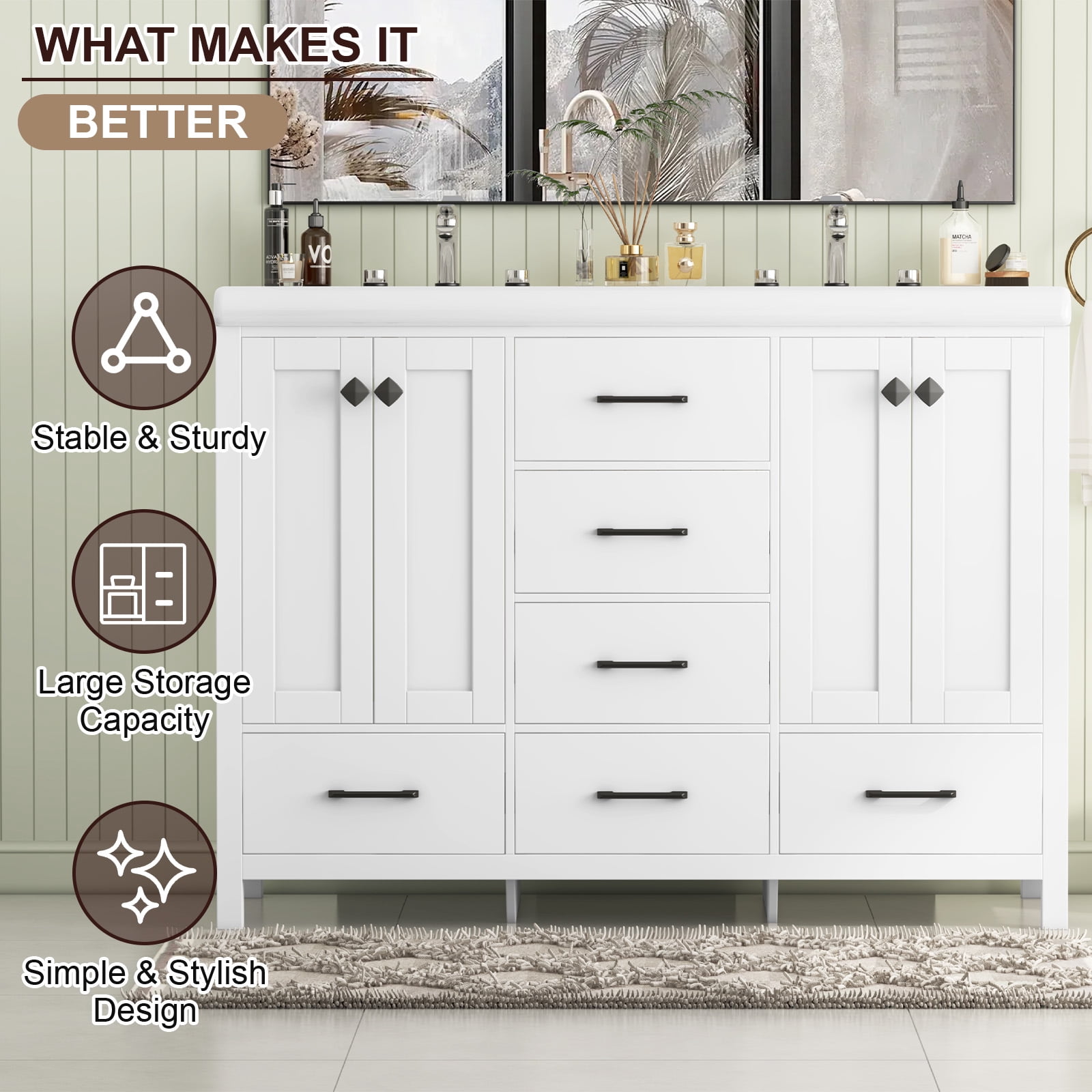Caulitar 47" Large Bathroom Vanity with Double Ceramic Sink Top, Freestanding Vanity Cabinet 6 Drawers and Shelves, White