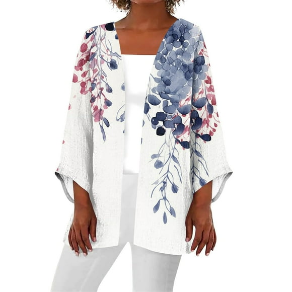 Alitao Womens Cardigan Long Sleeve Shirts Women 2025 Retro Print 3/4 Sleeve Cardigans Lightweight Blouse Tops Coat Casual Duster Jackets Lightweight Cardigans Womens Blouses Hot Pink S