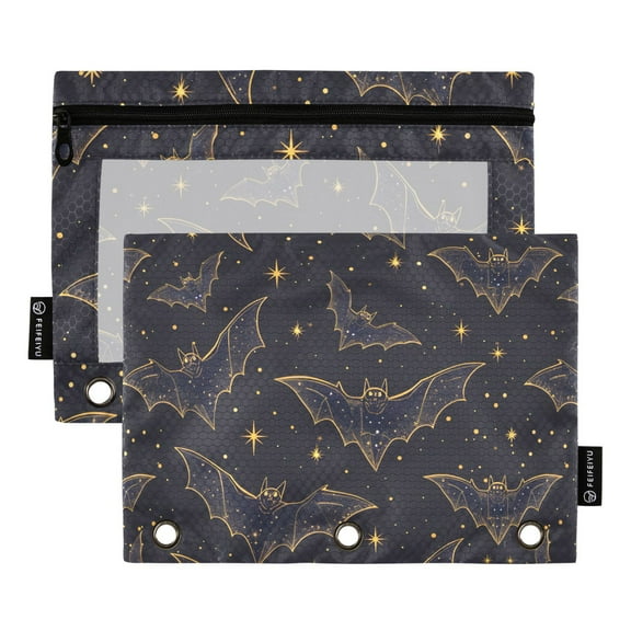 Bats Silhouette and Star 2 Pack Pencil Pouch for 3 Ring Binder Smooth Zipper Folders with Pockets Clear Window Pencil Case