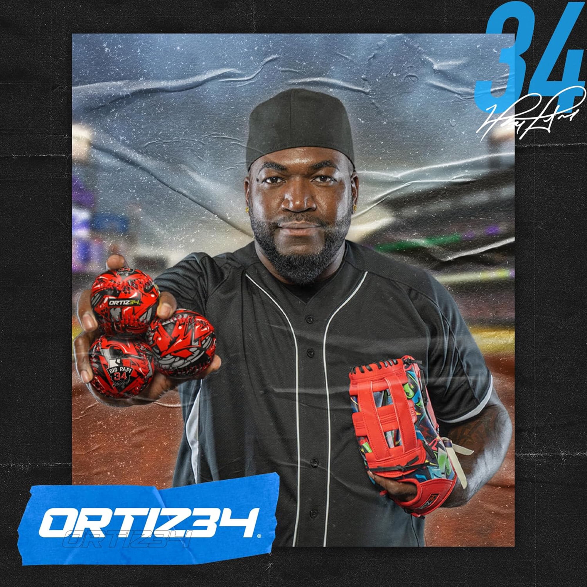 Ortiz34 9" Graffiti Youth T-Ball Baseball Glove, Right Hand Throw, Easy Close, No Break-In, Lightweight, Black/Blue