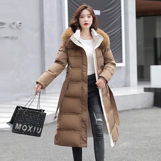 Chaqueta de invierno de algodón acolchado de corte entallado con cinturón y cuello de lana, chaqueta fina, abrigo de plumón, chaqueta de algodón acolchado de lana por encima de la rodilla