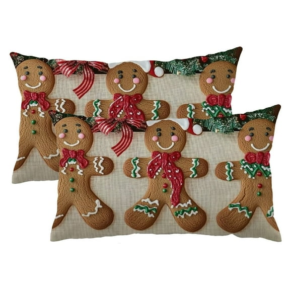 Qinduosi 12 x 20 Set of 2 Gingerbread Man Christmas Decor Outdoor Winter Holiday Xmas Lumbar Decorative Throw Pillows Cases Bakery Party Favors Decorations for Home Sofa Couch 12x20inch