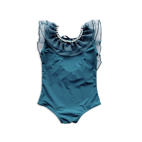 Virmaxy Toddler Baby Girls Lace One-Piece Swimsuit Kids Girls Cute Adjustable Bathing Suits Ruffle Striped Swimsuits Swimwear Siamese Monokini Blue 2y