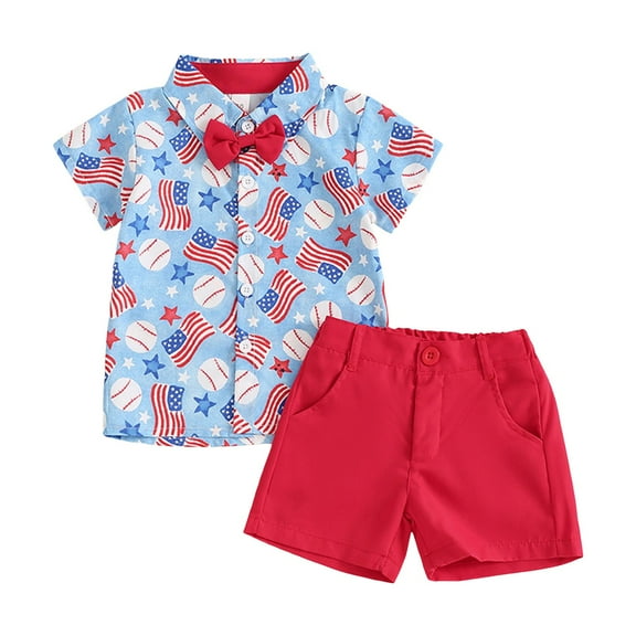 Povozer 4th Of July Baby Boy Outfit Independence Day Clothes Boys Baby Boy Outfit Flag Embroidery Short Sleeve T Shirt Shorts Set Toddler Boy Summer Clothes Size 18-24 Months,Blue