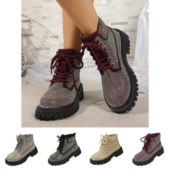 LTTVQM Rhinestone Combat Boots Womens Platform Chunky Heel Lug Sole Lace Up Ankle Boots Anti-Skid Casual Comfortable Fall Winter Outdoor Walking Boots Red 36(US-5.5)