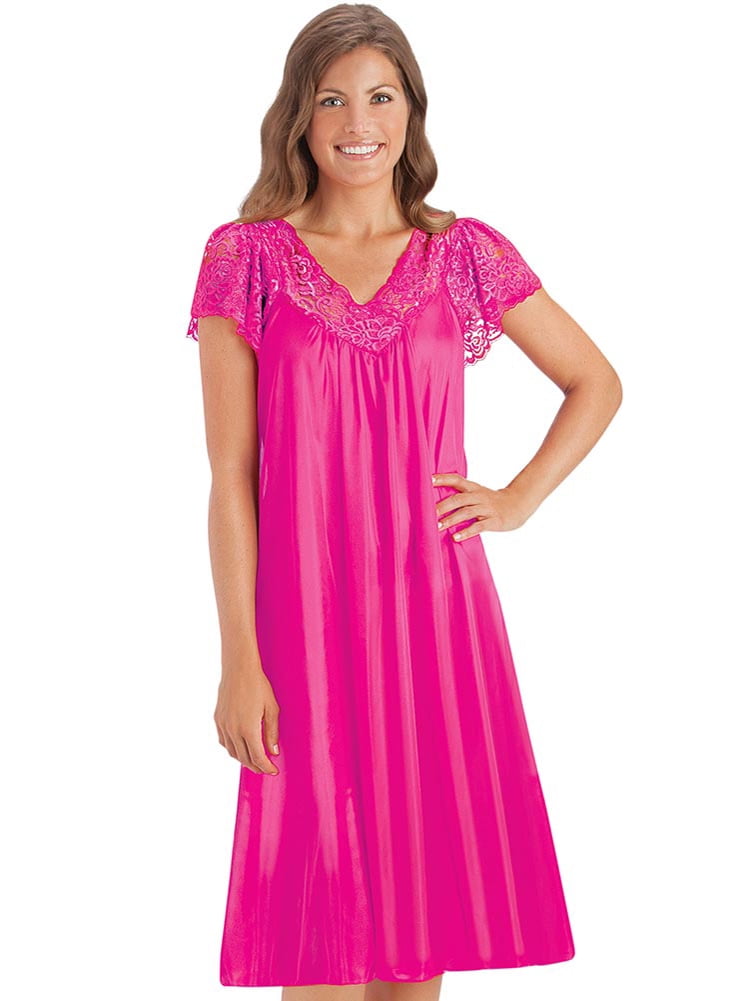 Silky Lace Trim V-Neckline Knee-Length Nightgown with Flutter Lace Sleeves 