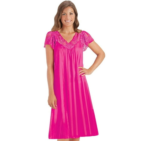 

Collections Etc Women s Silky Lace Trim V-Neckline Knee-Length Nightgown with Flutter Lace Sleeves Fuchsia Small