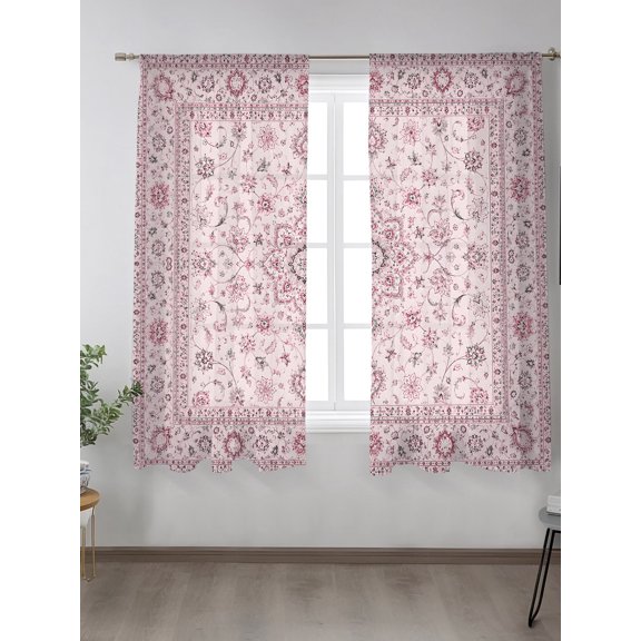 Central Floral Medallion Sheer Curtains 72 inches Long 2 Panels Set Rustic Classic Pink Line Arabesques Tiers Sheers Rod Pocket Small Window Short Curtains for Kitchen Cafe, Each 52" W x 72" L