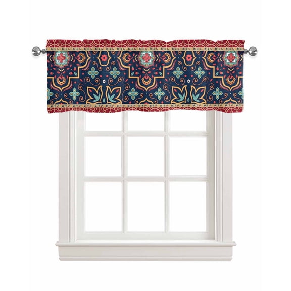 Boho Red Blue Linen Curtain Valance for Bedroom/Bathroom/Kitchen/Living/Dining Room Window,Colorful Vintage Turkish Pattern Modern Geometric Rod Pocket Topper Decorative Cafe Drapes Panel 42x18