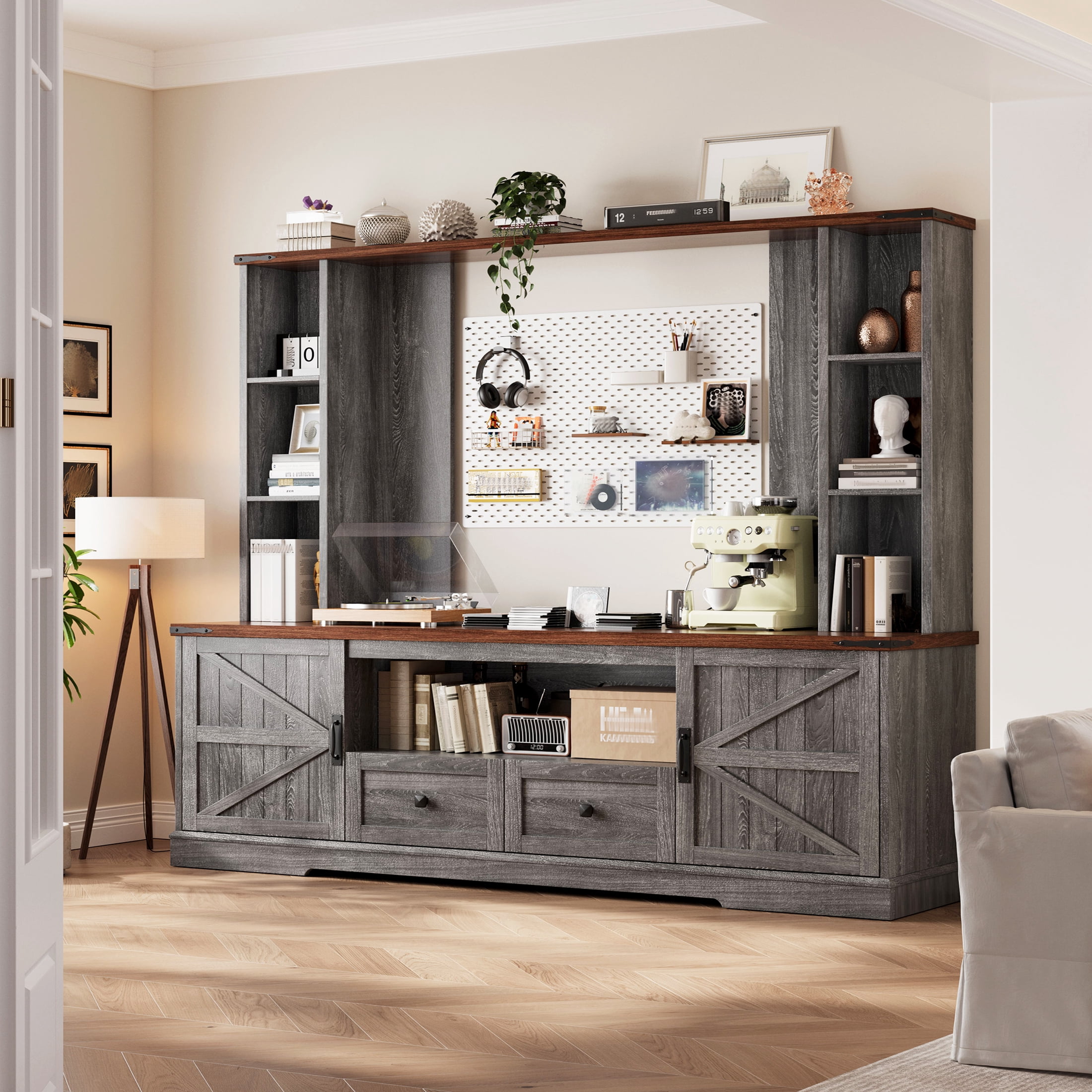 EnHomee Entertainment Center with LED Lights and Power Outlets, Large Farmhouse TV Stand for up to 60" TVs with Storage, Grey