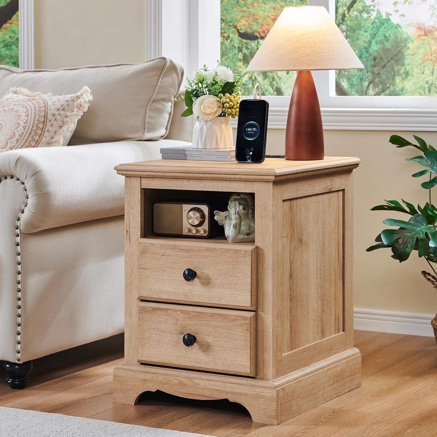 OKD Nightstand with Charging Station, End Table with 2 Drawers, Wood Rustic Bedside Tables with Open Storage Shelf，Natural Oak