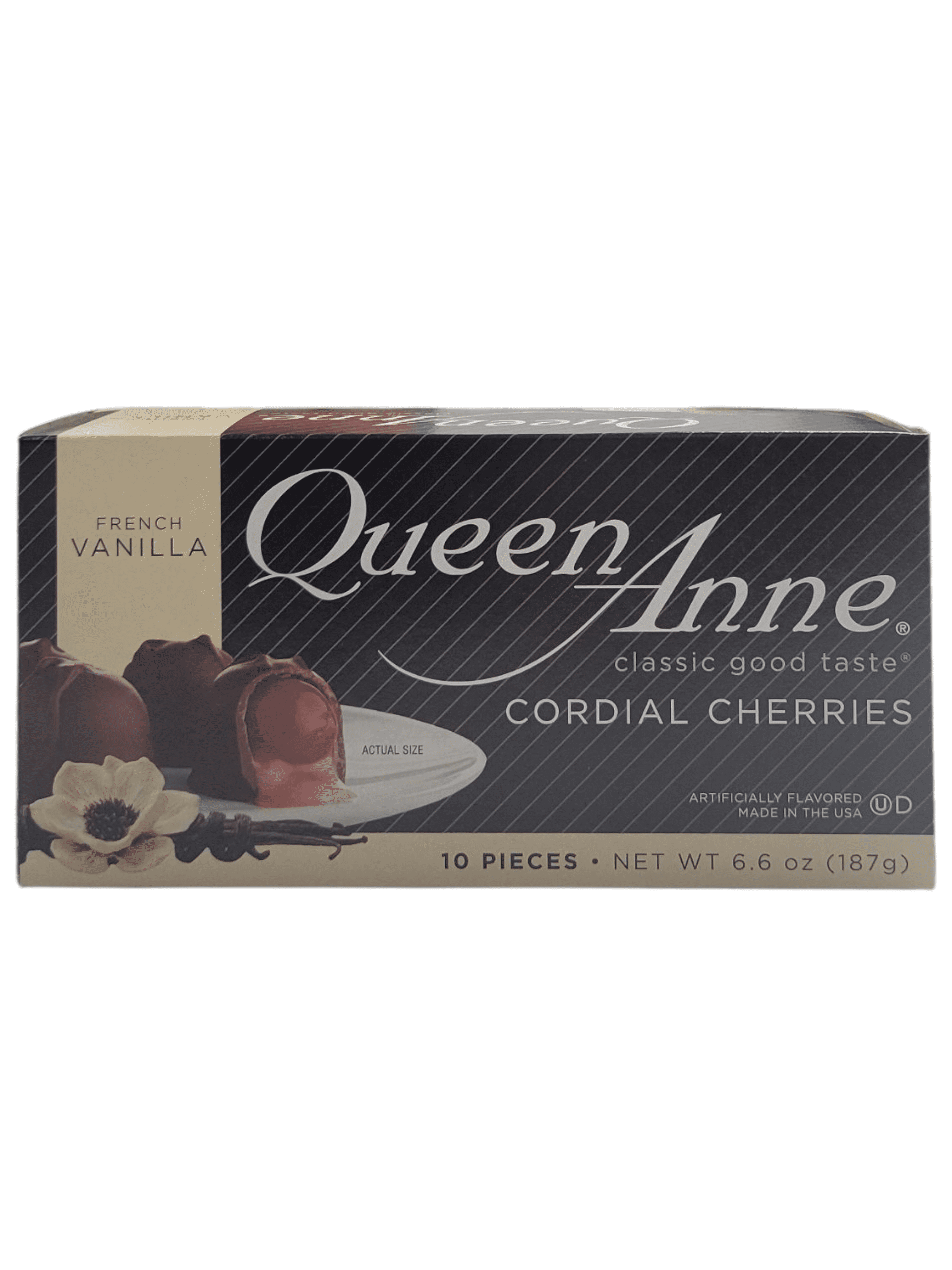 Queen Anne Cordial Blueberries (10 Pieces), and Cordial Cherries in Cherry Cola (10 Pieces), French Vanilla (10 Pieces), and Dark Chocolate with Coconut (10 Pieces)