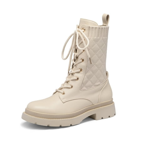 

Dream Pairs Women s Fashion Lug Sole Ankle Booties Lace-Up Mid Calf Combat Boots SDMB2217W BEIGE WHITE Size 5.5