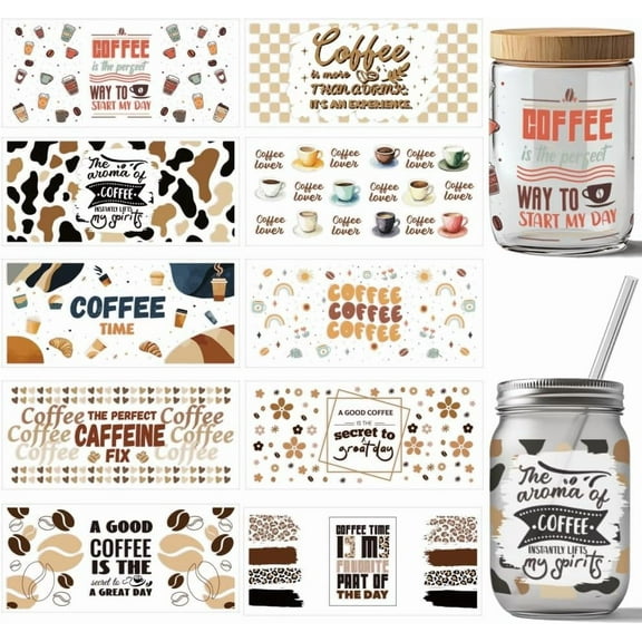 10 Sheets UV DTF Cup Wrap 10 Styles Coffee Theme Desserts Coffee Lover Rub on Transfers PVC Transfer Stickers Waterproof Rub Decals for 16OZ Glass Cups Furniture Wood colorful DIY