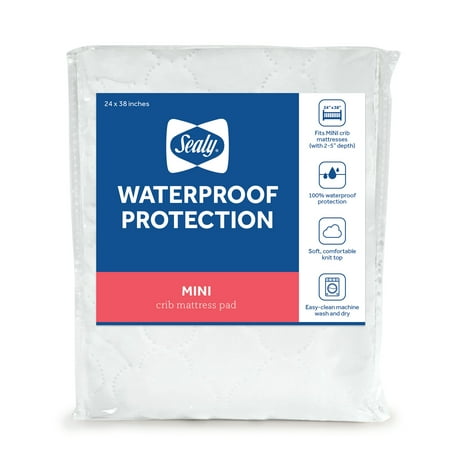 Sealy Waterproof Protection Mini Crib Mattress Protector Pad, White, 38" L x 24" W