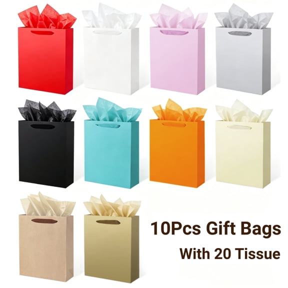 Tyasoleil 10Pcs Paper Gift Bags With Handles and 20 Tissue Paper, 10 Colors Kraft Paper Party Favor Bags, Medium Size 11"x8.6"x4.7"