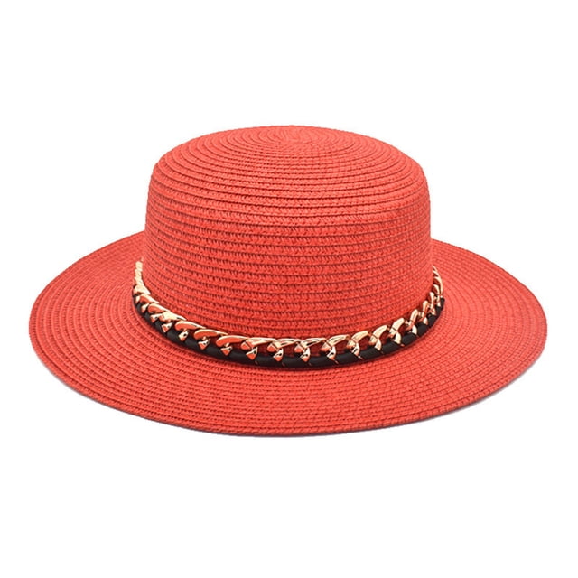 Jusqu'à 10 $ Chapeaux Bob Rouges d'Été Chaîne Chapeau de Paille à Dessus Plat Chapeau Pare-Soleil de Plein Air pour Femmes Mode Chapeau de Plage