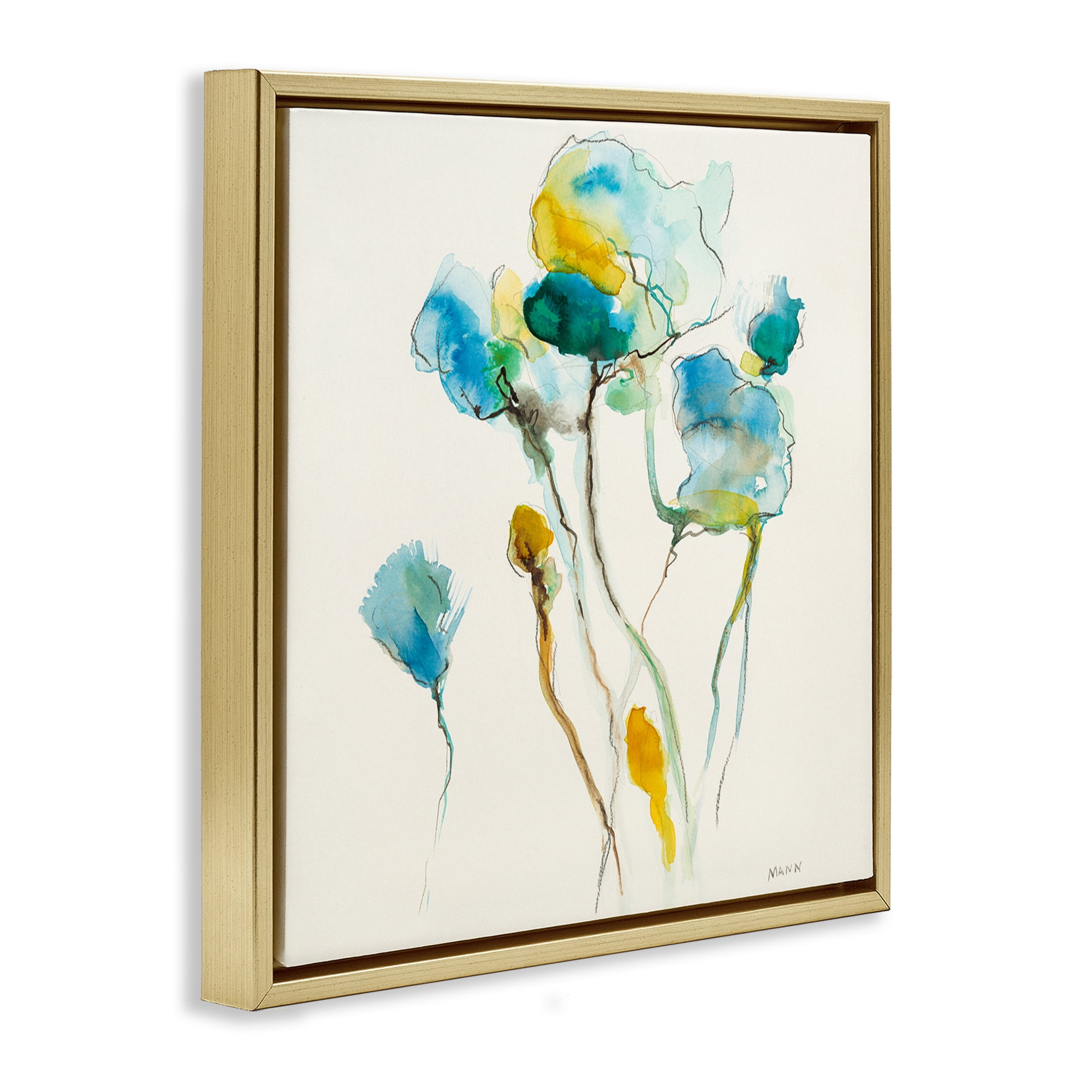 Stupell Industries Abstract Watercolor Blooms Abstract Painting Gold Floater Framed Canvas Art Print Wall Art, 25 x 25