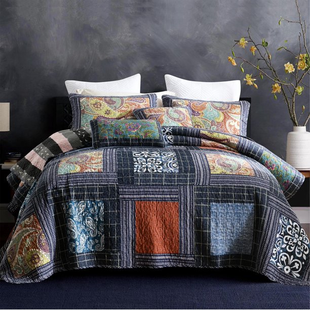 WannaToo Cotton Bedspread Quilt Set for All Season, Blue Patchwork