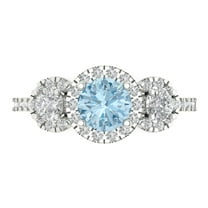 1.46 ct Round Cut Natural Aquamarine 3 Stone 18K White Gold Womens Engagement Ring
