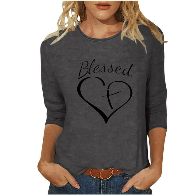 Penkiiy T-Shirts à Manches 3/4 Imprimés Cœur Col Rond Tunique de la Saint-Valentin Blouse TG Gris
