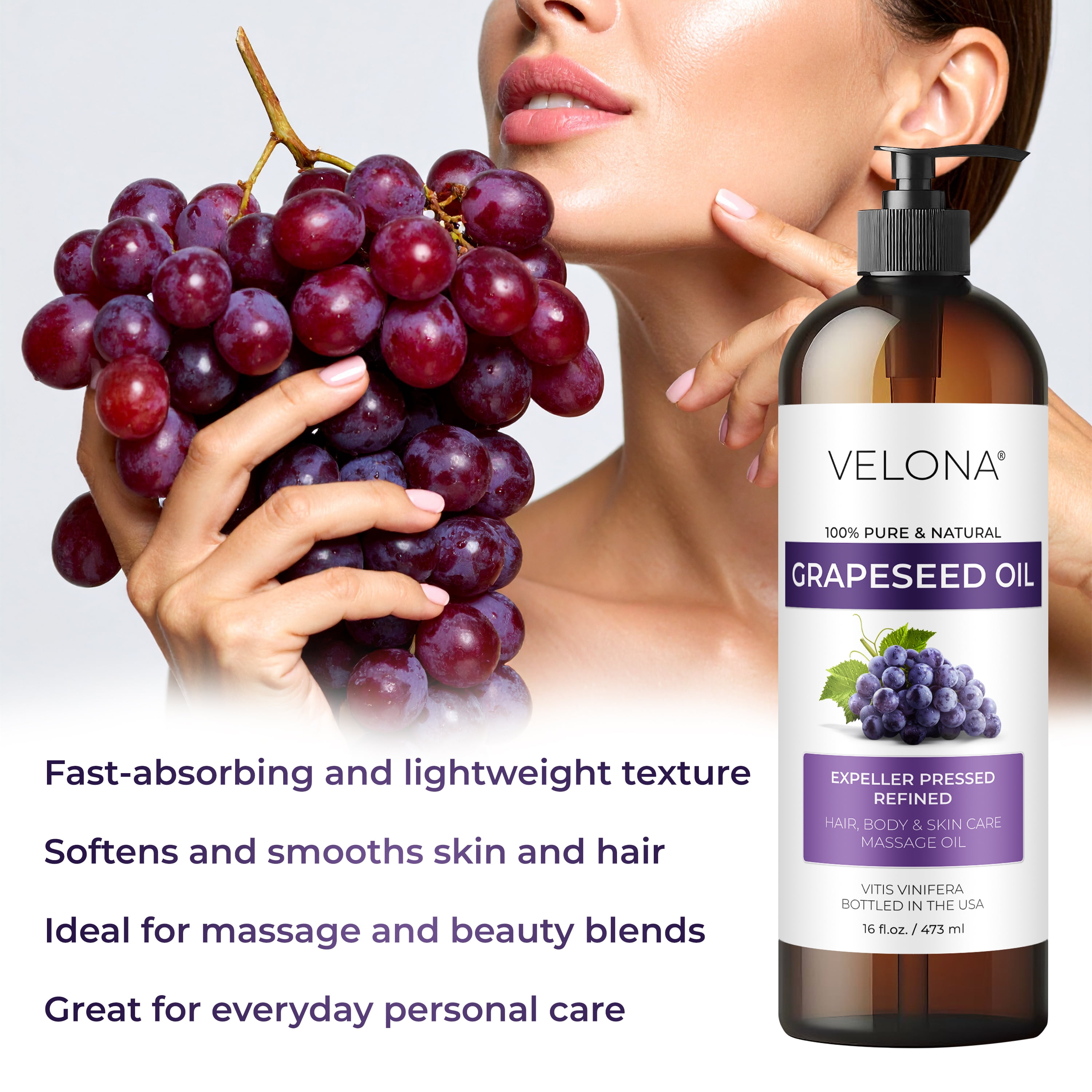 Grapeseed Oil by Velona - 32 fl oz | 100% Pure and Natural Carrier Oil | Refined | Skin, Face, Body, Hair Care | Use Today - Enjoy Results