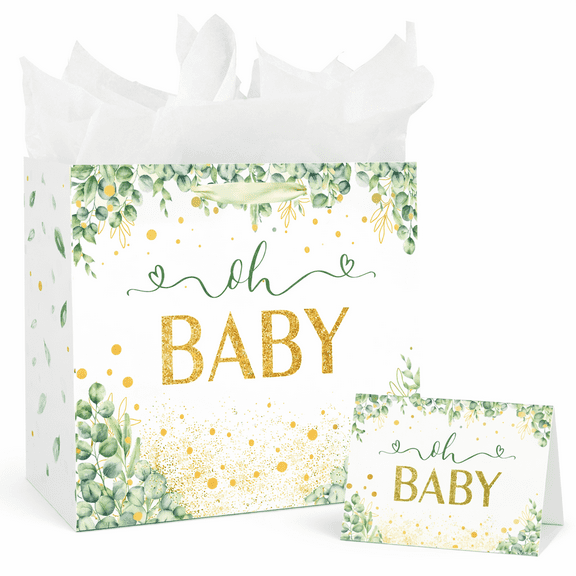13" Large Baby Gift Bag with Handle, Tissue Paper and Greeting Card, Perfect for Baby Shower Girl's Kid's Birthday Party (Green)