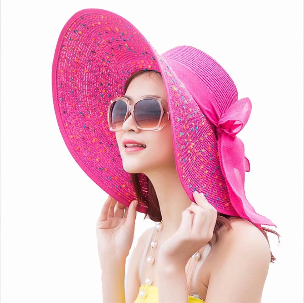 Travel Beach Hats for Women Large Brim Summer Sun Hats Vocation Seaside Straw Hat with Flowers 