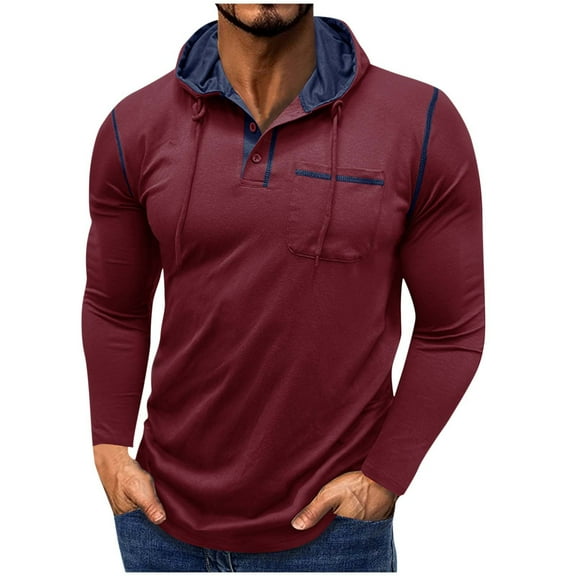 Makaor Casual Tops for Men Pockets Big and Tall Hooded Shirts Button Solid Long Sleeve Pullover Tees Fall Winter Clothes