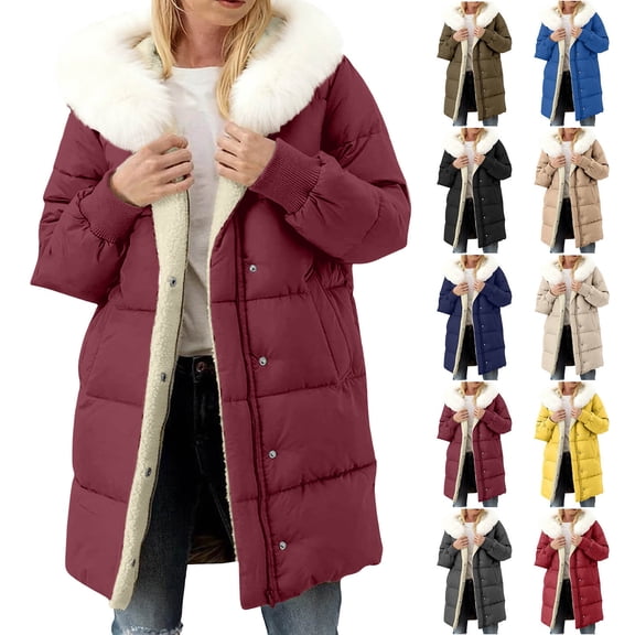 Winter Coats for Women Collar Mid-Length,Fleece Lined Warm Winter Puffer Parka,Pockets Detachable Hat,Oversized Quilted Thick Padded Hooded Jacket with Button and Zip Closure