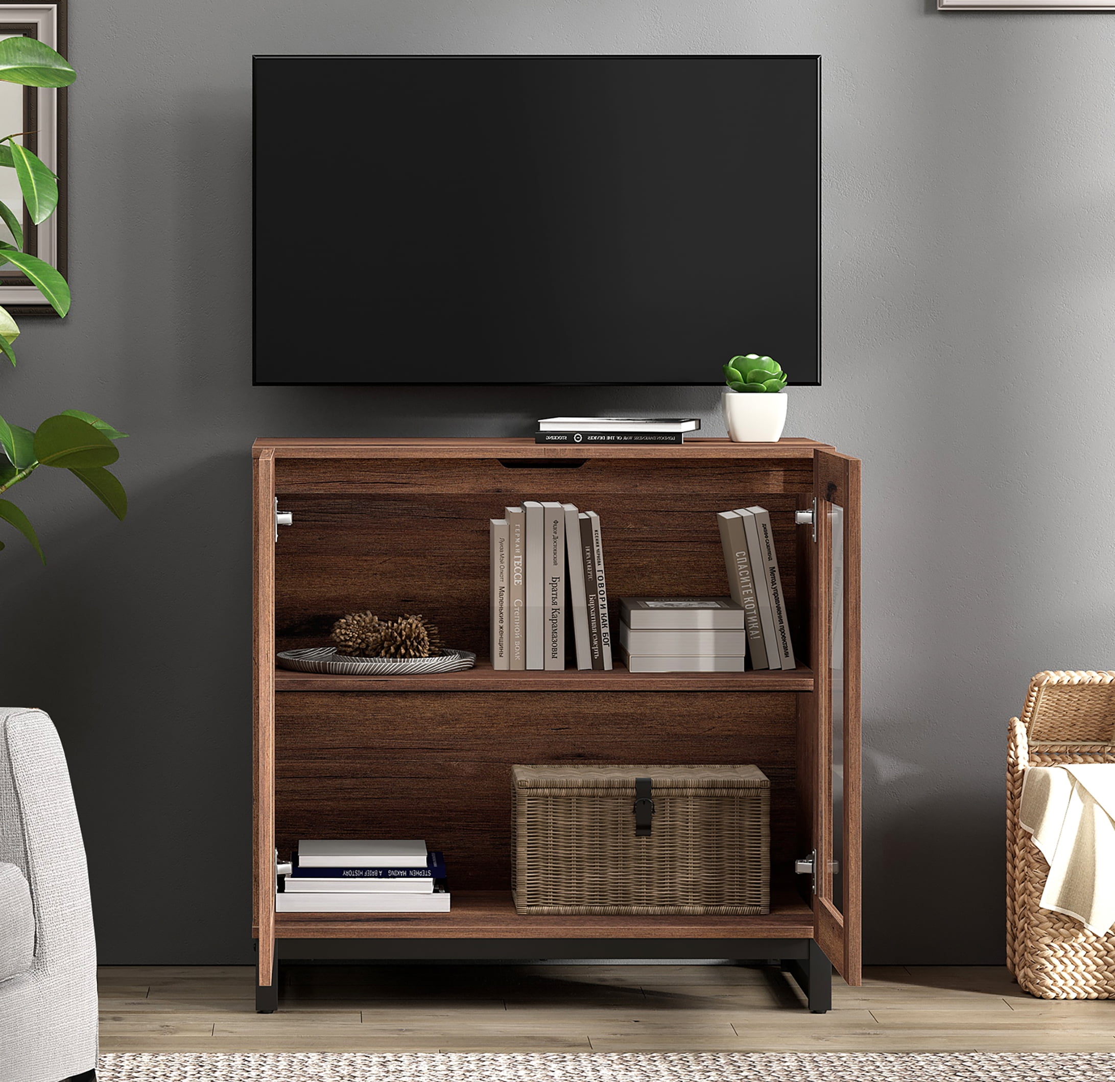 WAMPAT Modern TV Stand with Glass Doors for 32-40 inch TVs, Entertainment Center TV Console with Adjustable Shelves for Living Room, Bedroom, Brown