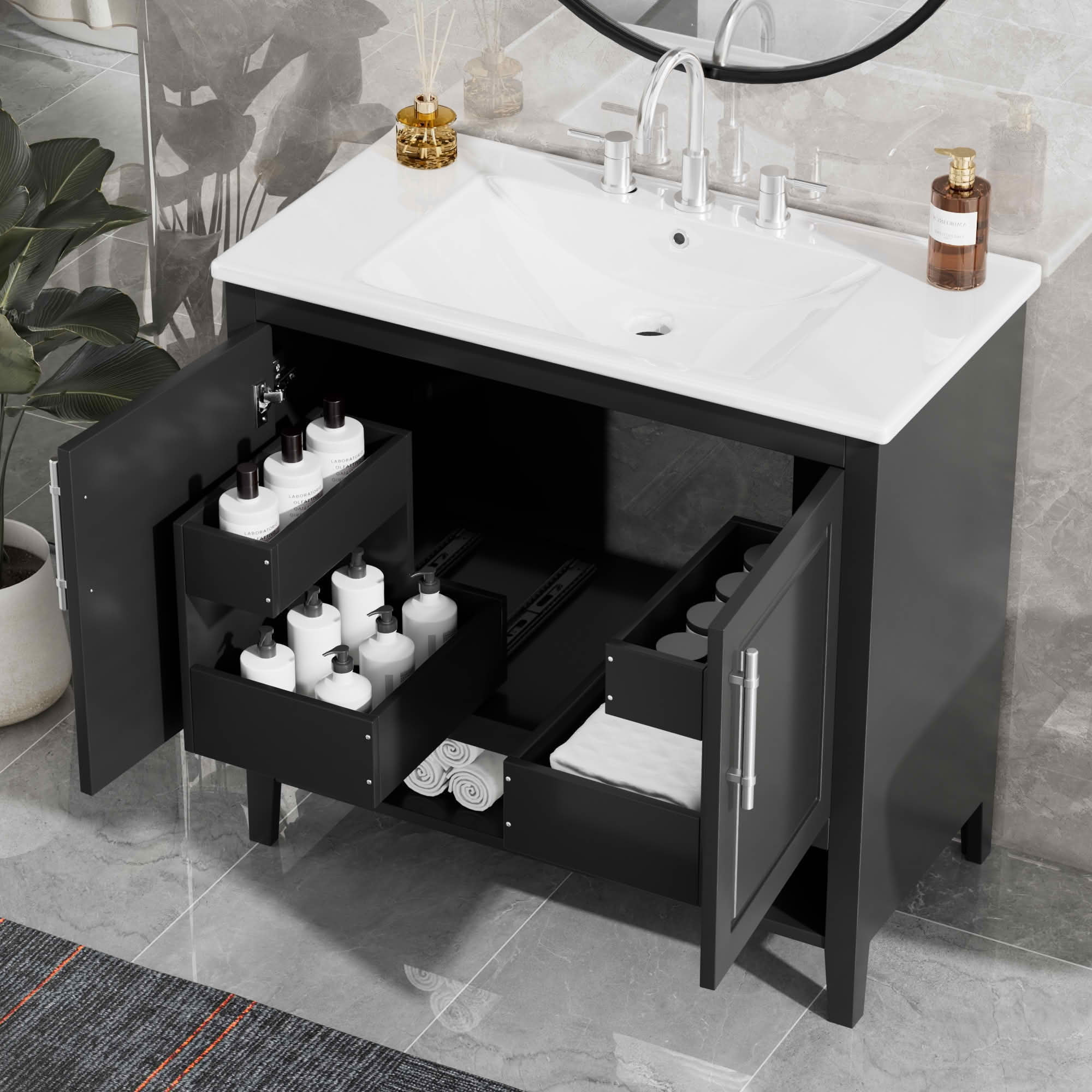 MAYEERTY 36" Bathroom Vanity with Sink, Multi-functional Cabinet with Doors Drawers, MDF Frame Board, Black